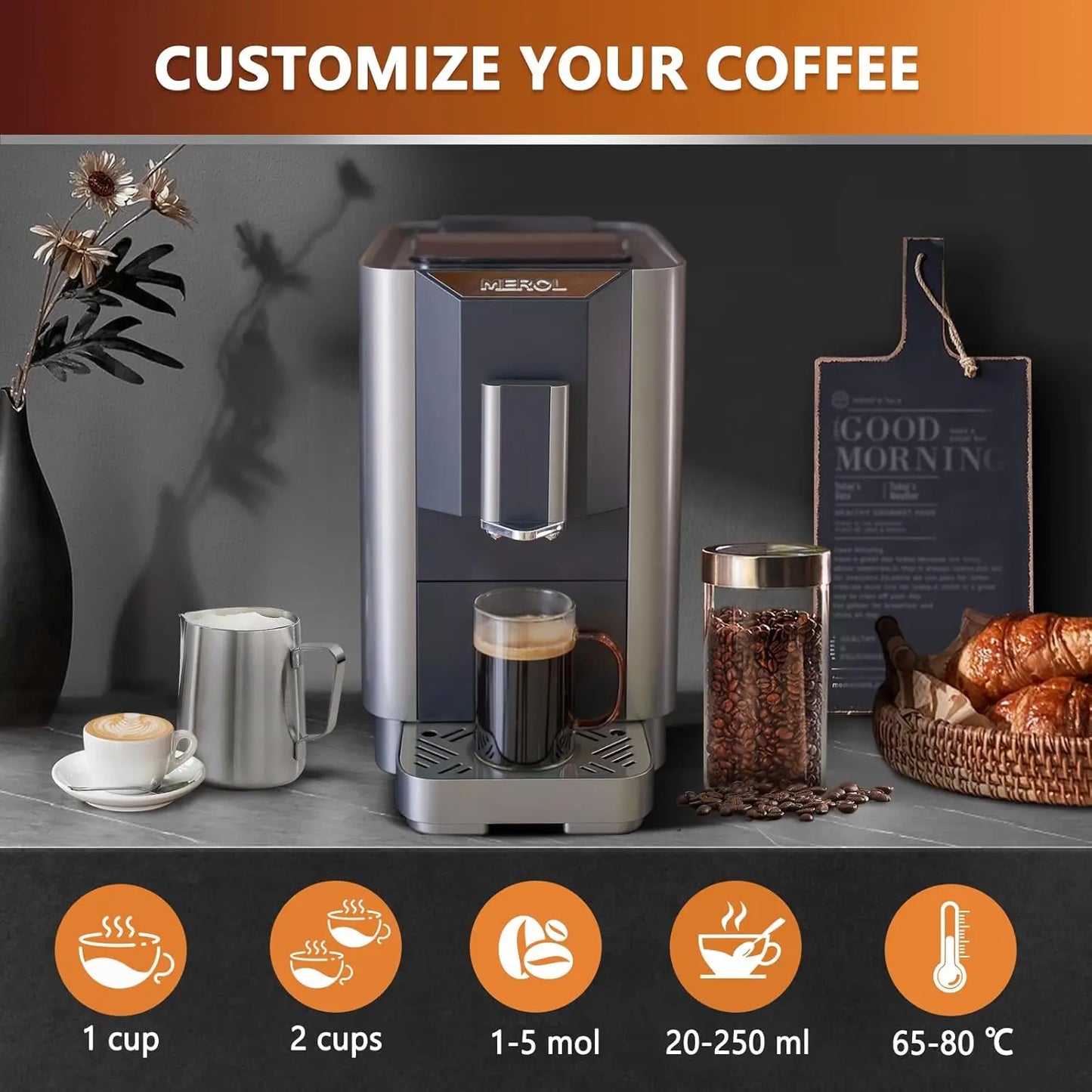 Fully Automatic Espresso Coffee Machine with Touch Screen, 19 Bar Barista Pump Coffee Maker Built-in Adjustable Grinder