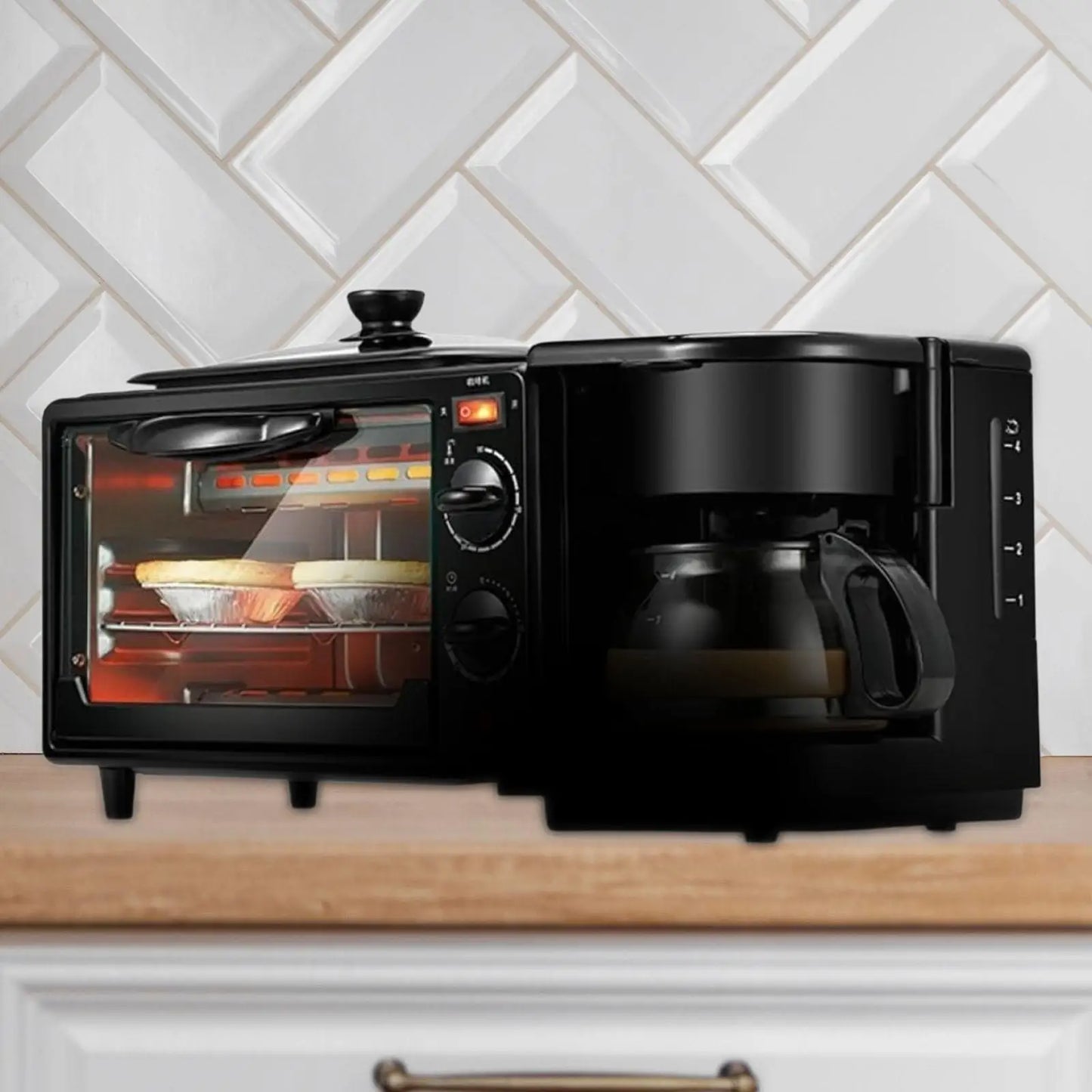 3 in 1 Breakfast Maker Toasters Oven with Timer Portable Toaster Oven Oven Breakfast Maker with Coffee Machine for Sausages Egg