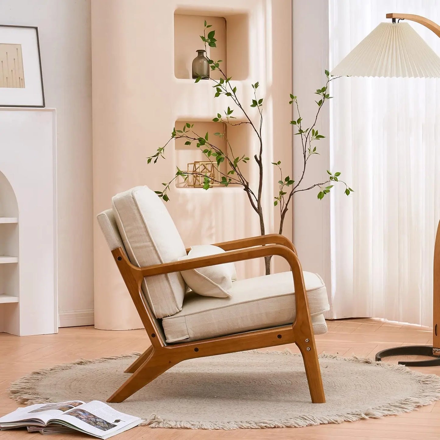 home Accent Chair Mid-Century Modern Chair with Pillow Upholstered Lounge Arm Chair with Solid Wood Frame & Soft Cushion for Liv