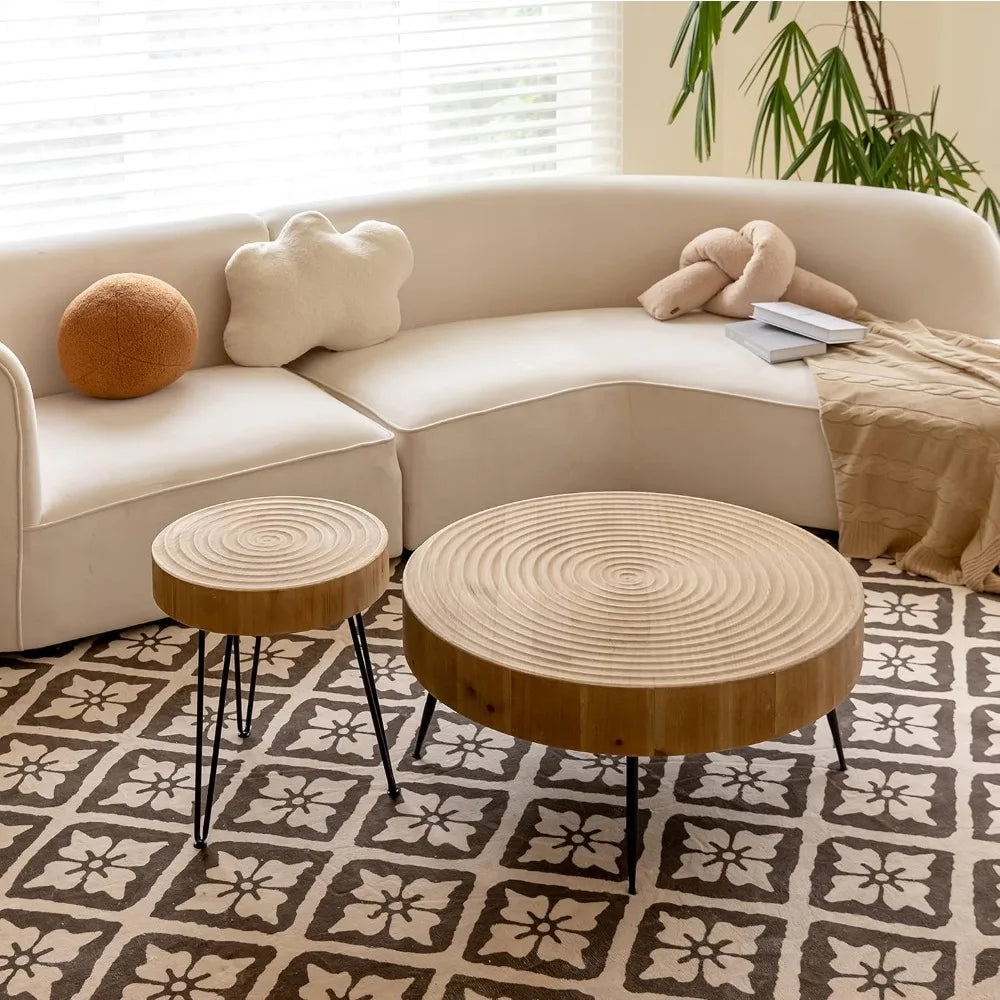 2-Piece Boho Farmhouse Living Room Coffee Table Set, Nesting Table Round Natural Finish with Handcrafted Wood Ring Motif,