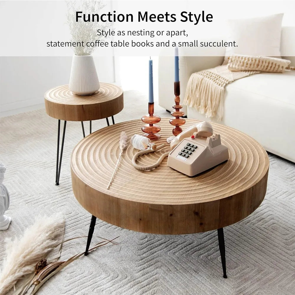 2-Piece Boho Farmhouse Living Room Coffee Table Set, Nesting Table Round Natural Finish with Handcrafted Wood Ring Motif,