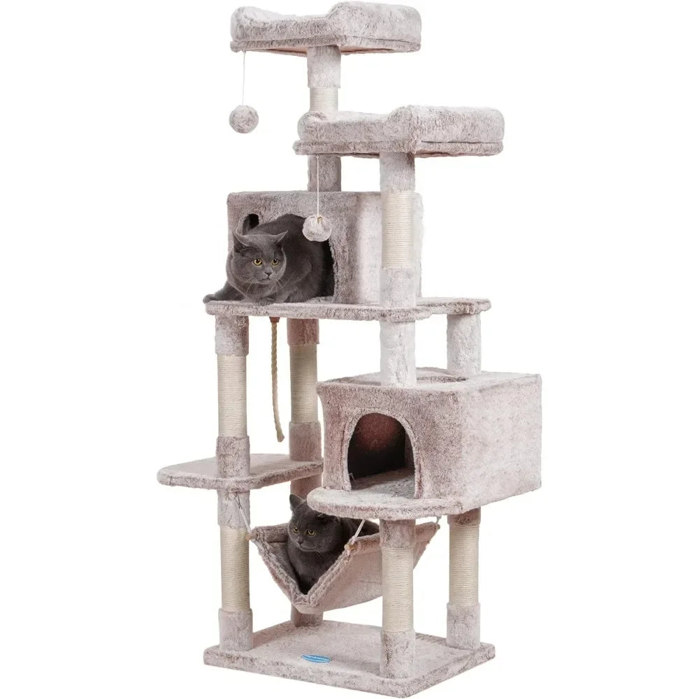 Large Multi-Level Cat Tree Condo Furniture with Sisal-Covered Scratching Posts, 2 Bigger Plush Condos, Perch Hammock for Kittens