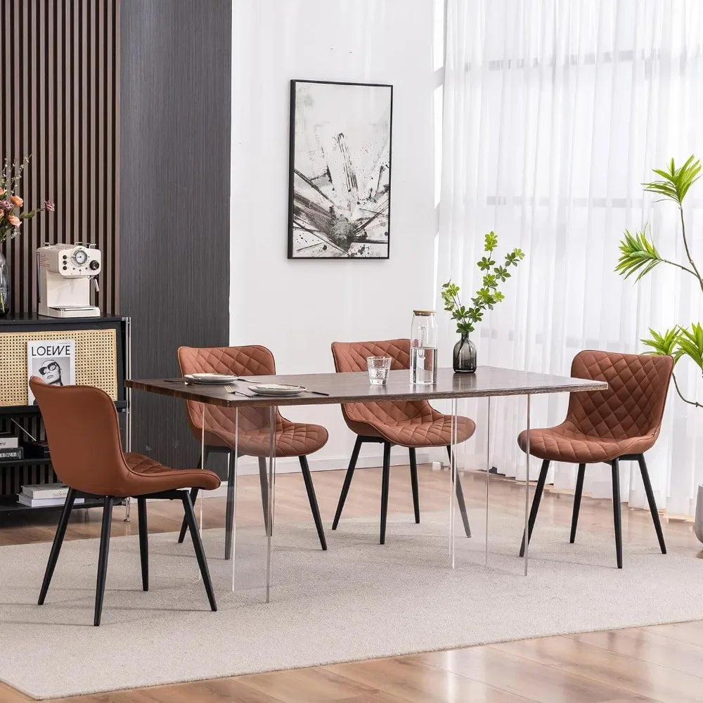 Coffee Brown Dining Chairs Set of 2 Mid Century Modern PU Leather Diamond Upholstered Accent Guest Dinner Chair with Back Metal