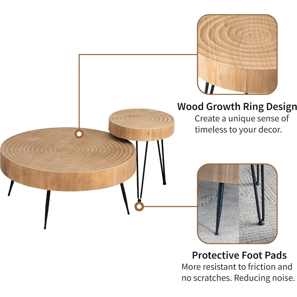 2-Piece Boho Farmhouse Living Room Coffee Table Set, Nesting Table Round Natural Finish with Handcrafted Wood Ring Motif,