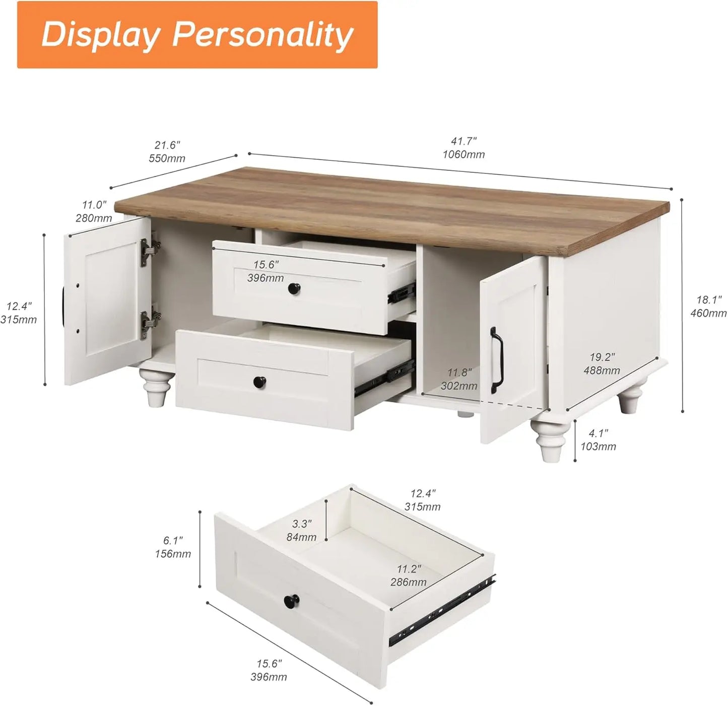 WAMPAT Modern Coffee Table with Storage Cabinet, White Coffee Tables for Living Room, Wood Rectangle Center Table with Drawer