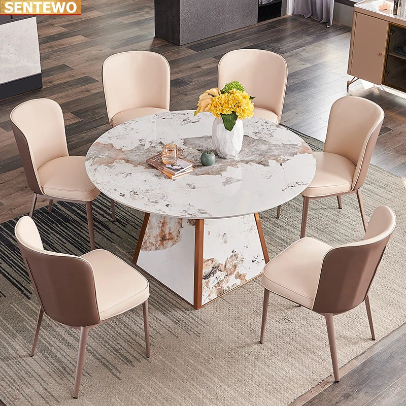 Designer Luxury round kitchen Marble Rock Slab dining table set 4 6 chairs mesa de jantar tablo marbre Stainless steel gold base
