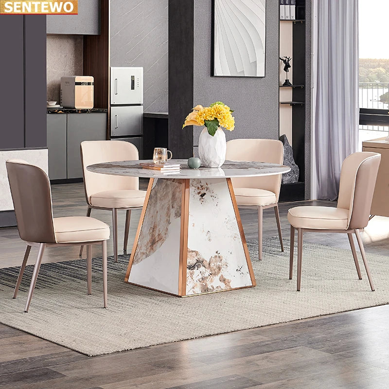Designer Luxury round kitchen Marble Rock Slab dining table set 4 6 chairs mesa de jantar tablo marbre Stainless steel gold base