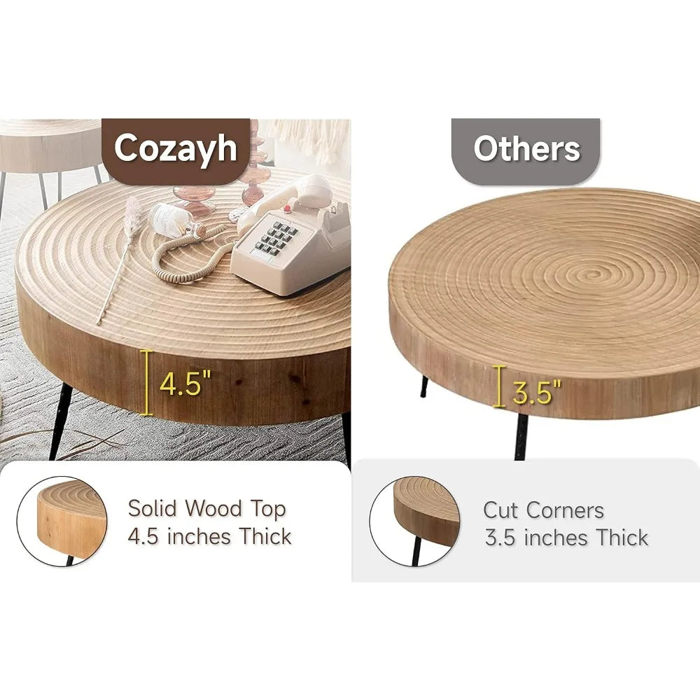 2-Piece Boho Farmhouse Living Room Coffee Table Set, Nesting Table Round Natural Finish with Handcrafted Wood Ring Motif,