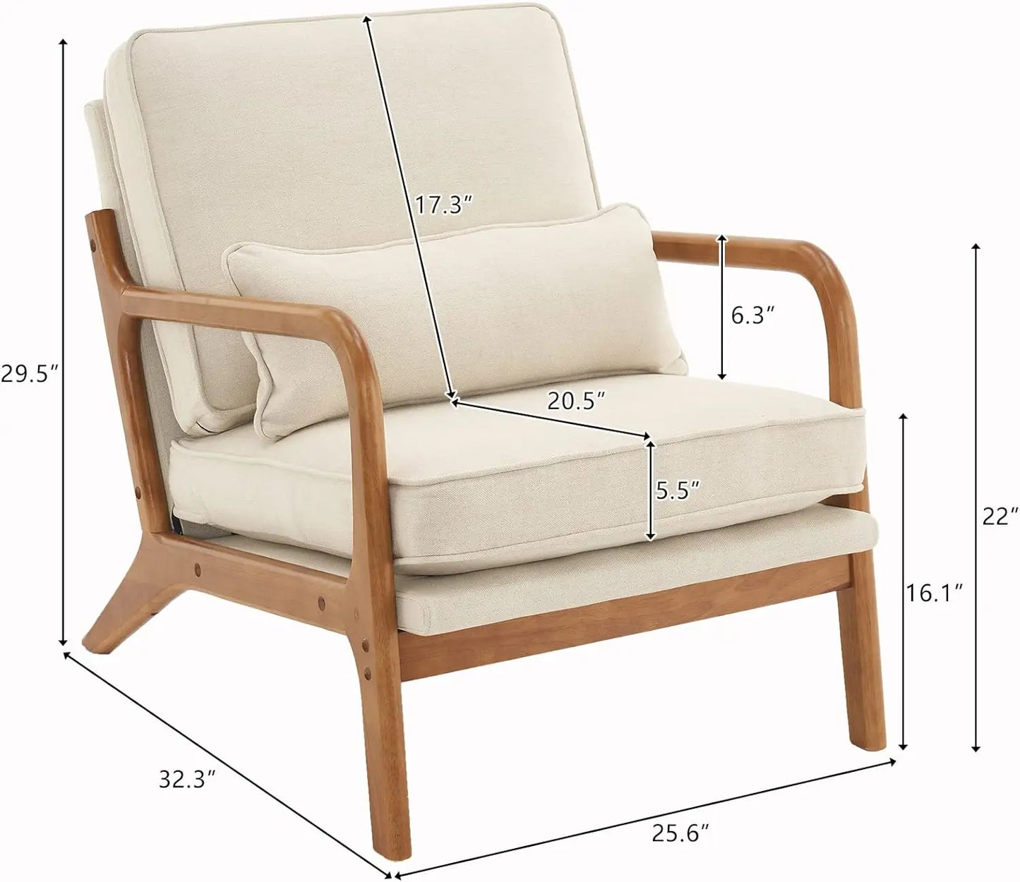 home Accent Chair Mid-Century Modern Chair with Pillow Upholstered Lounge Arm Chair with Solid Wood Frame & Soft Cushion for Liv