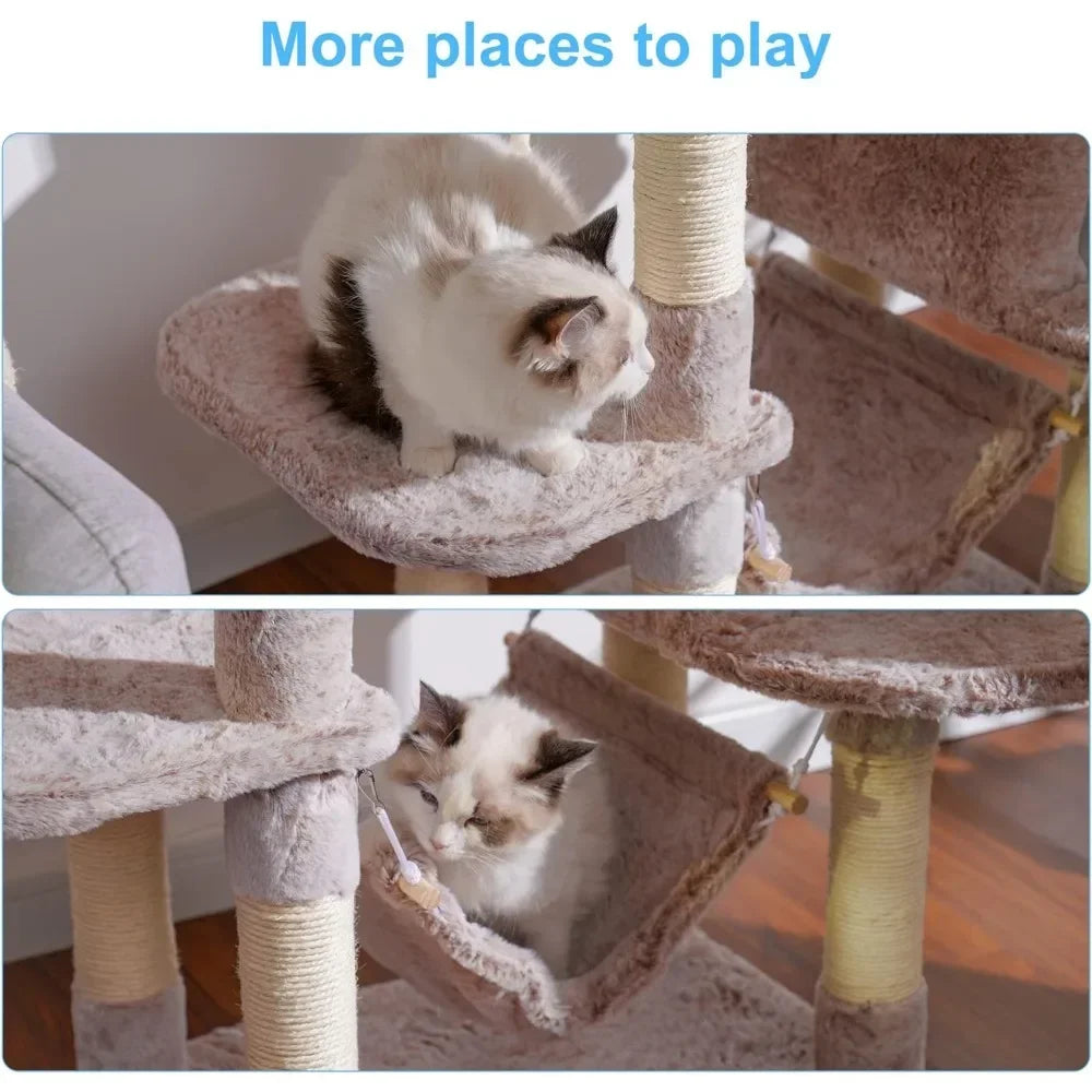 Large Multi-Level Cat Tree Condo Furniture with Sisal-Covered Scratching Posts, 2 Bigger Plush Condos, Perch Hammock for Kittens