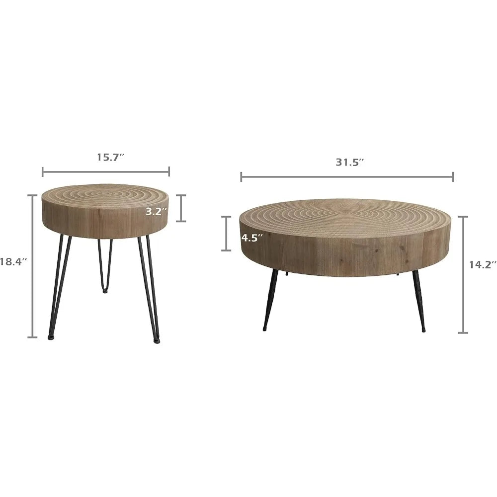 2-Piece Boho Farmhouse Living Room Coffee Table Set, Nesting Table Round Natural Finish with Handcrafted Wood Ring Motif,