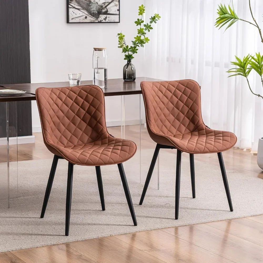 Coffee Brown Dining Chairs Set of 2 Mid Century Modern PU Leather Diamond Upholstered Accent Guest Dinner Chair with Back Metal
