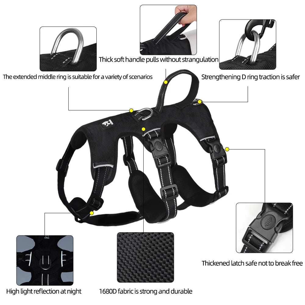 No Pull Large Dog Harness Vest Escape Proof Big Dog Harness with Handle Reflective Nylon Dog Walking Chest Straps Pet Supplies
