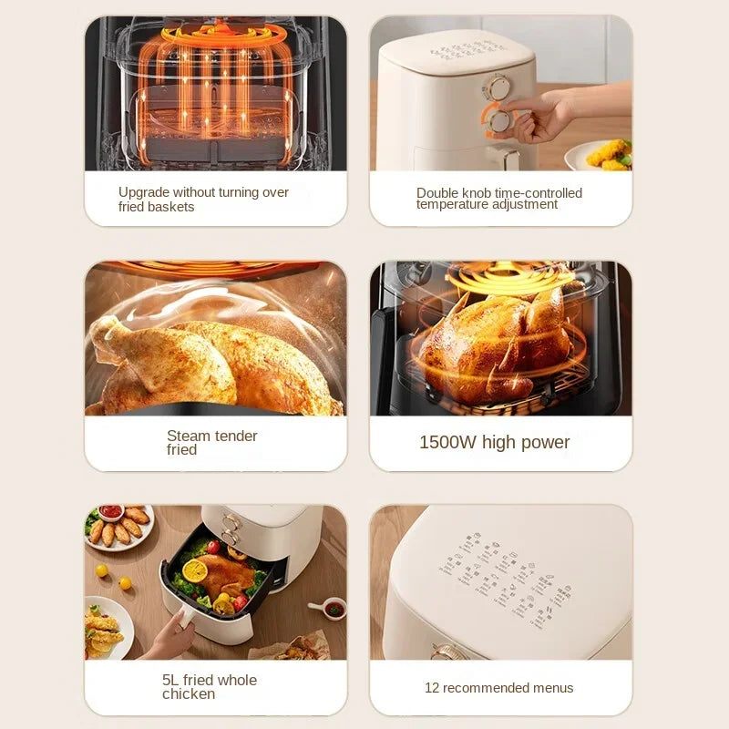 Air Fryer Household 5L Steam Electric Fryer Full Automatic Oilfree Low-fat Frying Without Turning Over Potato Chip Machine