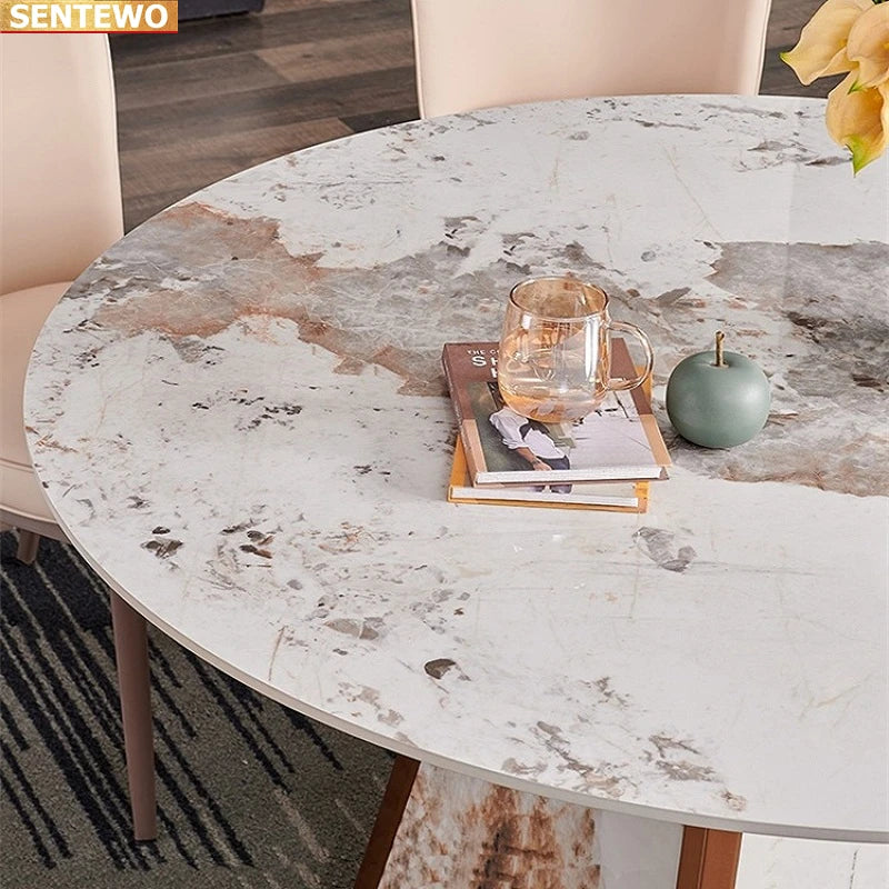 Designer Luxury round kitchen Marble Rock Slab dining table set 4 6 chairs mesa de jantar tablo marbre Stainless steel gold base