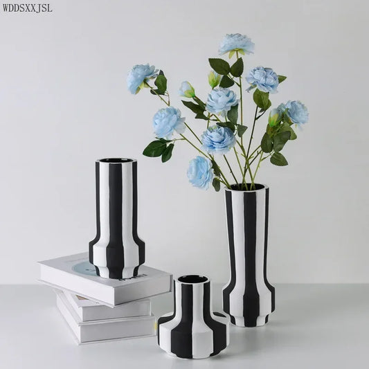Modern simplicity black and white striped ceramic vase decoration home living room flower arrangement vase decoration