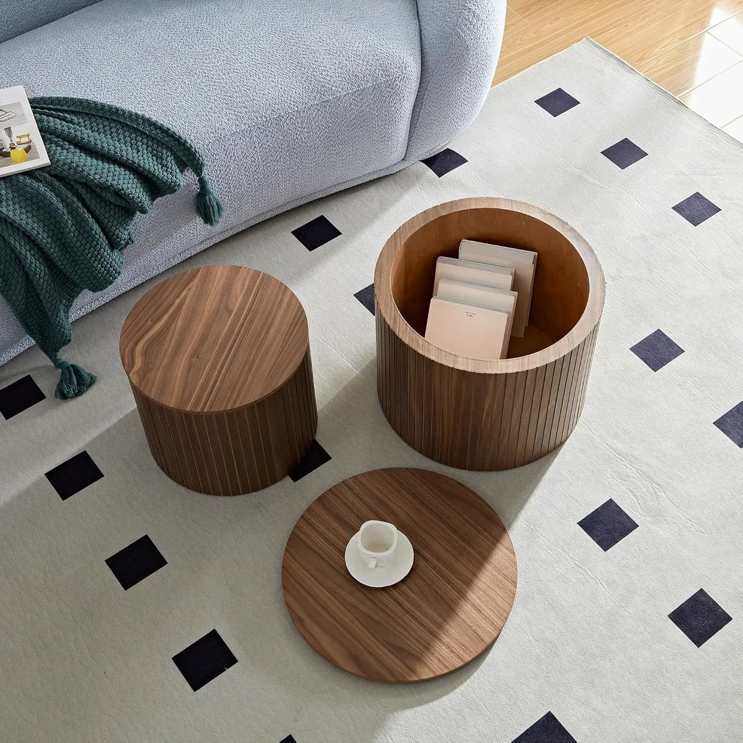 19.17" Nesting Coffee Tables Set of 2, Modern Round Wooden Design with Storage,Fluted Natural Wood Veneer Coffee Table