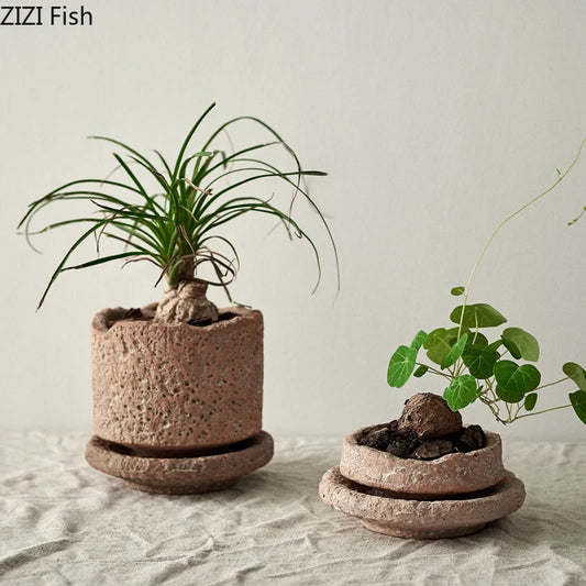 Rough Pottery Vase Unevenness Flower Pots Desk Decoration Flowers Arrangement Rough Ceramic Floral Vases Outdoor Garden Decor