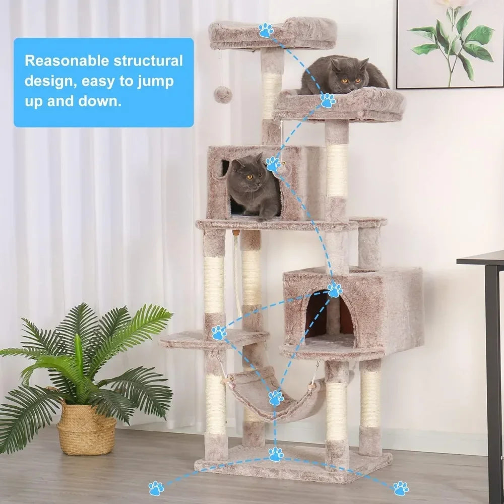 Large Multi-Level Cat Tree Condo Furniture with Sisal-Covered Scratching Posts, 2 Bigger Plush Condos, Perch Hammock for Kittens