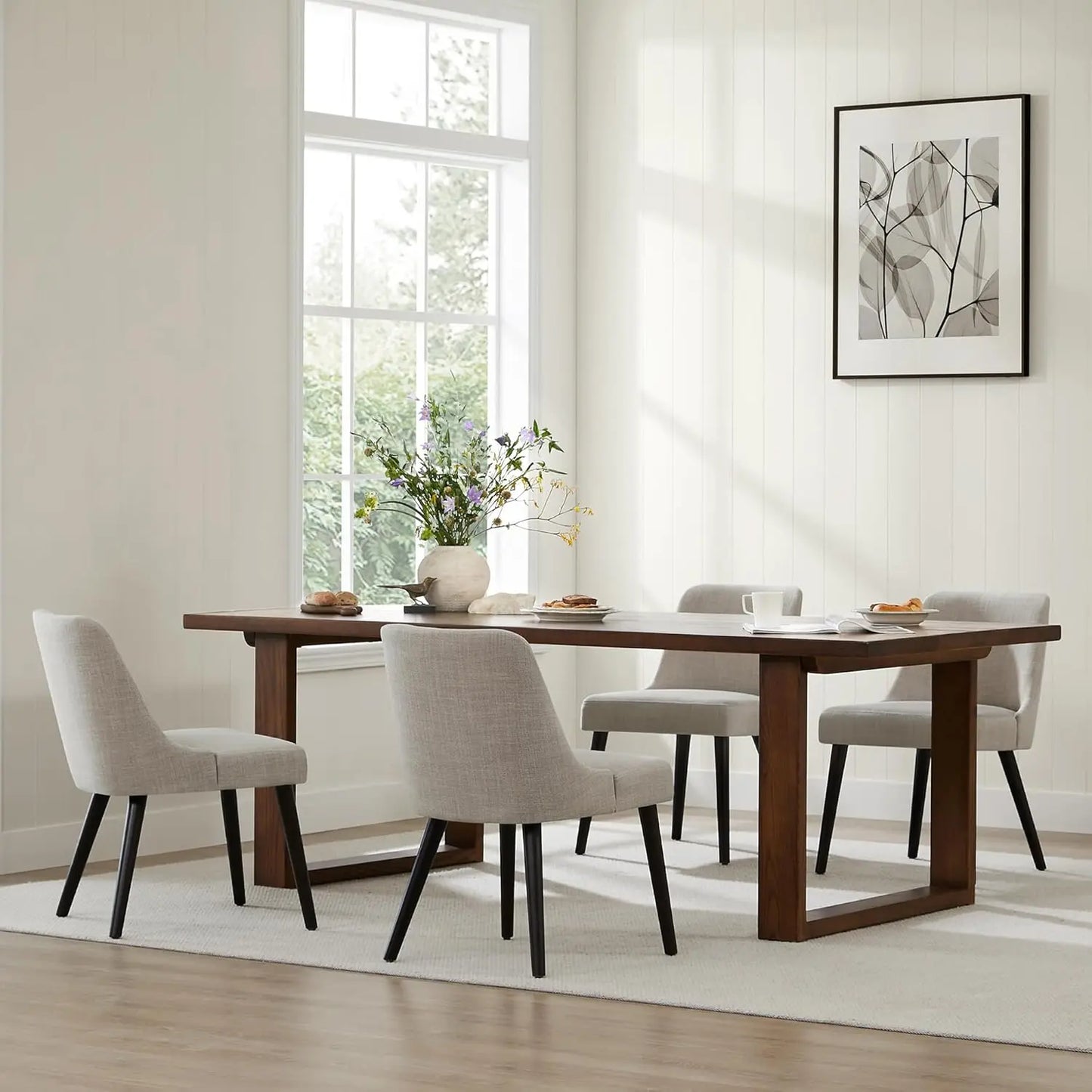 Mid-Century Modern Dining Chair, Upholstered Fabric Accent Chair for Dining Room, Set of 2, Flax Beige in Fabric