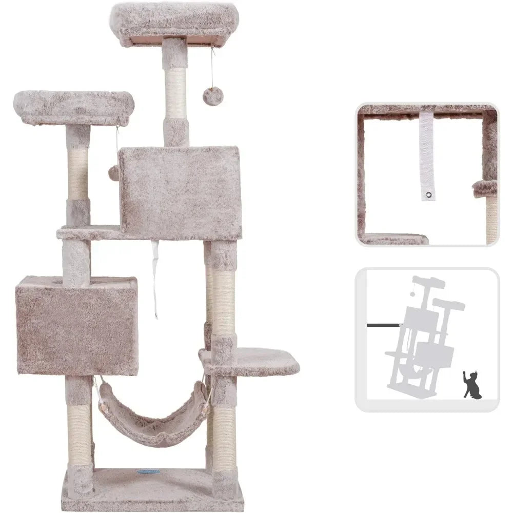 Large Multi-Level Cat Tree Condo Furniture with Sisal-Covered Scratching Posts, 2 Bigger Plush Condos, Perch Hammock for Kittens
