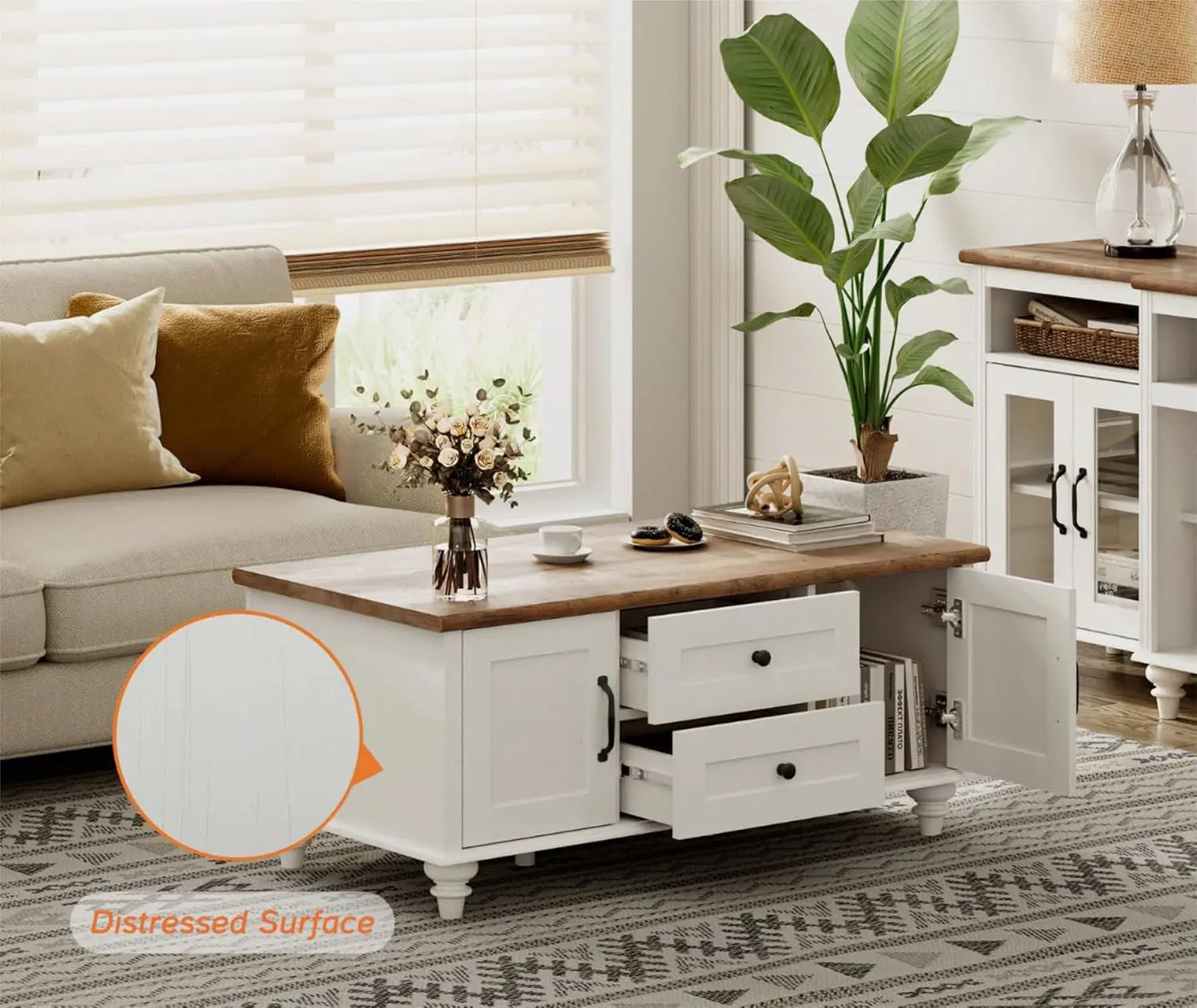 WAMPAT Modern Coffee Table with Storage Cabinet, White Coffee Tables for Living Room, Wood Rectangle Center Table with Drawer