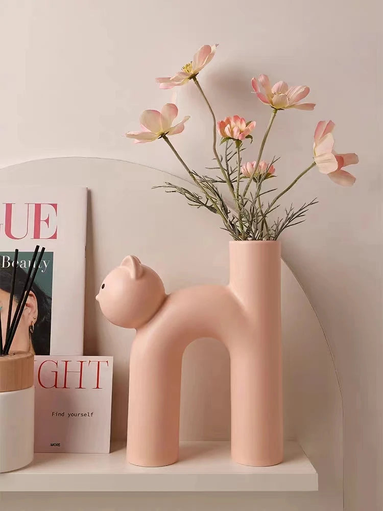 Creative Ceramic Flower Vase Cute Tubular Kawaii Cat Vase Room Home Desktop Decoration Art Ornament Gift Flowerpot Free Shipping