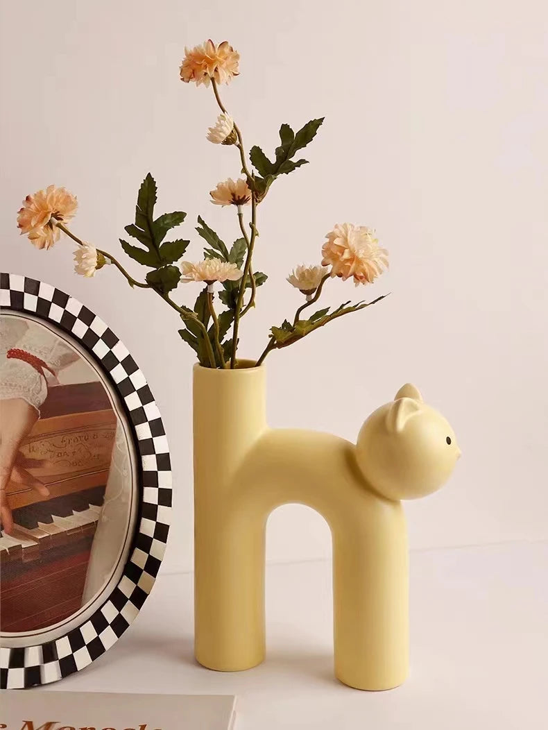 Creative Ceramic Flower Vase Cute Tubular Kawaii Cat Vase Room Home Desktop Decoration Art Ornament Gift Flowerpot Free Shipping