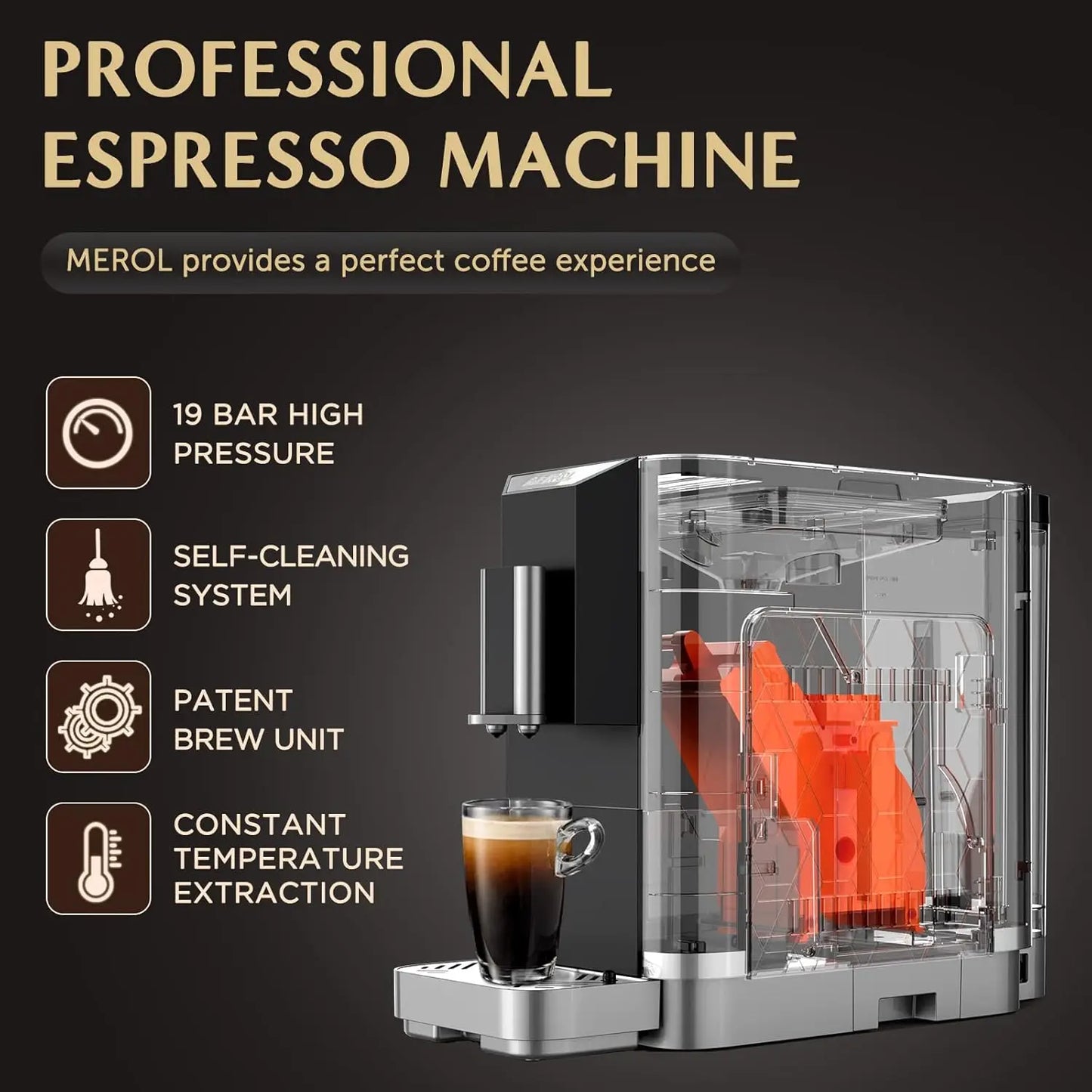Fully Automatic Espresso Coffee Machine with Touch Screen, 19 Bar Barista Pump Coffee Maker Built-in Adjustable Grinder