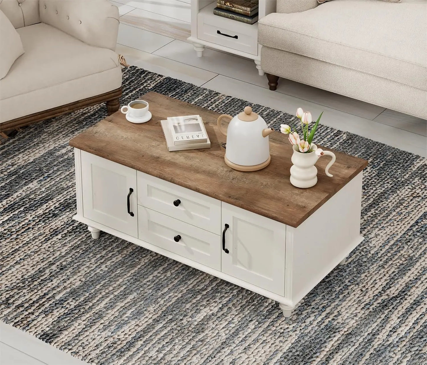 WAMPAT Modern Coffee Table with Storage Cabinet, White Coffee Tables for Living Room, Wood Rectangle Center Table with Drawer
