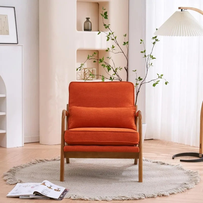 Accent Chair Mid-Century Modern Chair with Pillow Upholstered Lounge Arm Chair with Solid Wood Frame & Soft Cushion
