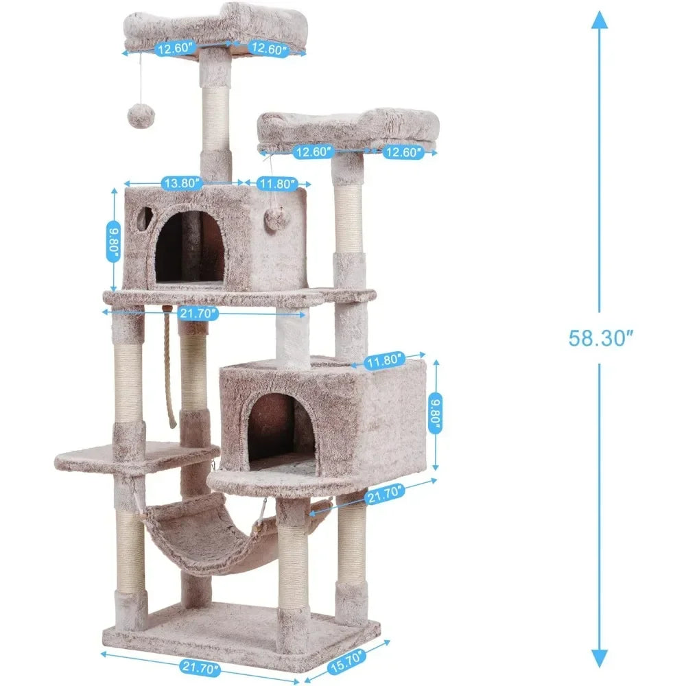 Large Multi-Level Cat Tree Condo Furniture with Sisal-Covered Scratching Posts, 2 Bigger Plush Condos, Perch Hammock for Kittens